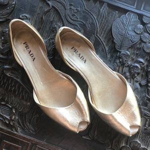 Prada Gold Leather D'Orsay Peep Toe Flats